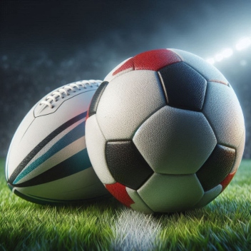 An AI image of a rugby ball and a football