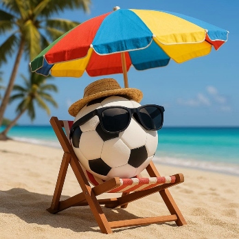 A football wearing sunglasses and a hat, sitting in a deckchair on a beach with a parasol (created by 90 Minutes Online via Bing Image Creator)